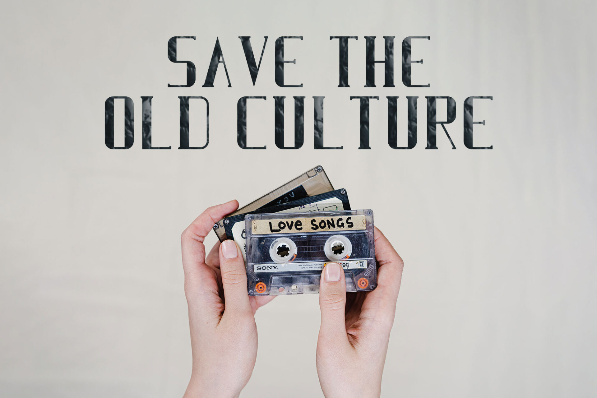 Vintage Freedom font showcases 'Save the Culture' text design with a cassette, embodying nostalgia and heritage preservation.
