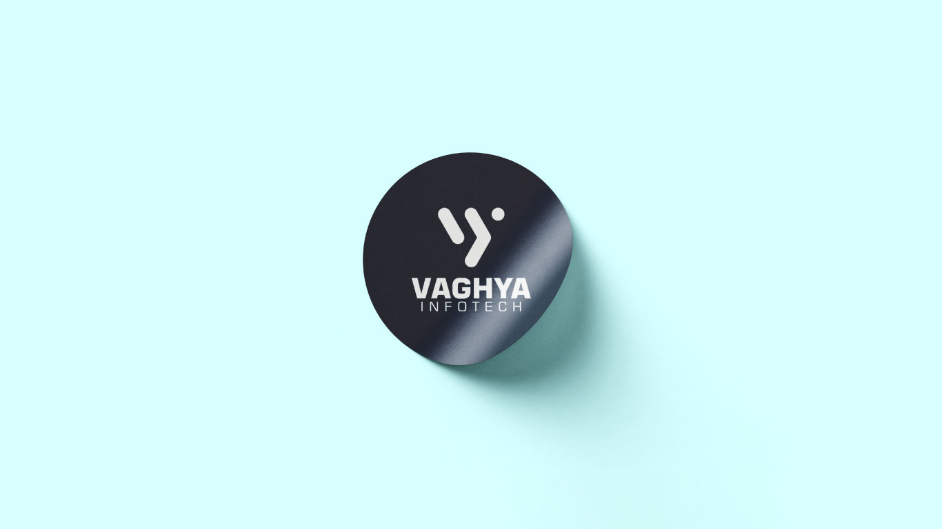 Sticker mockup featuring the sophisticated logo design for Vaghya Infotech."