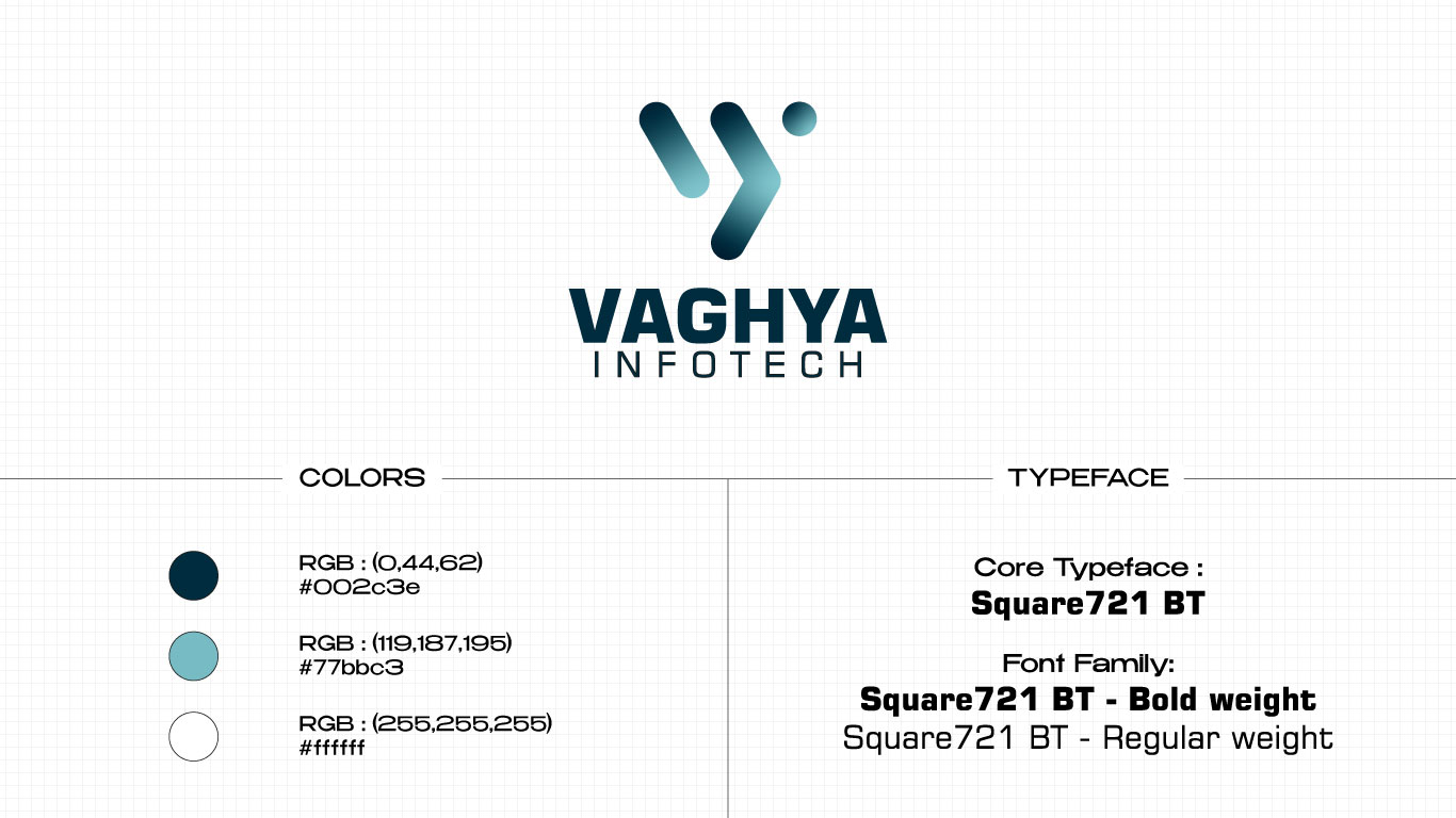 Typography and color swatches showcasing the Vaghya Infotech logo design project.