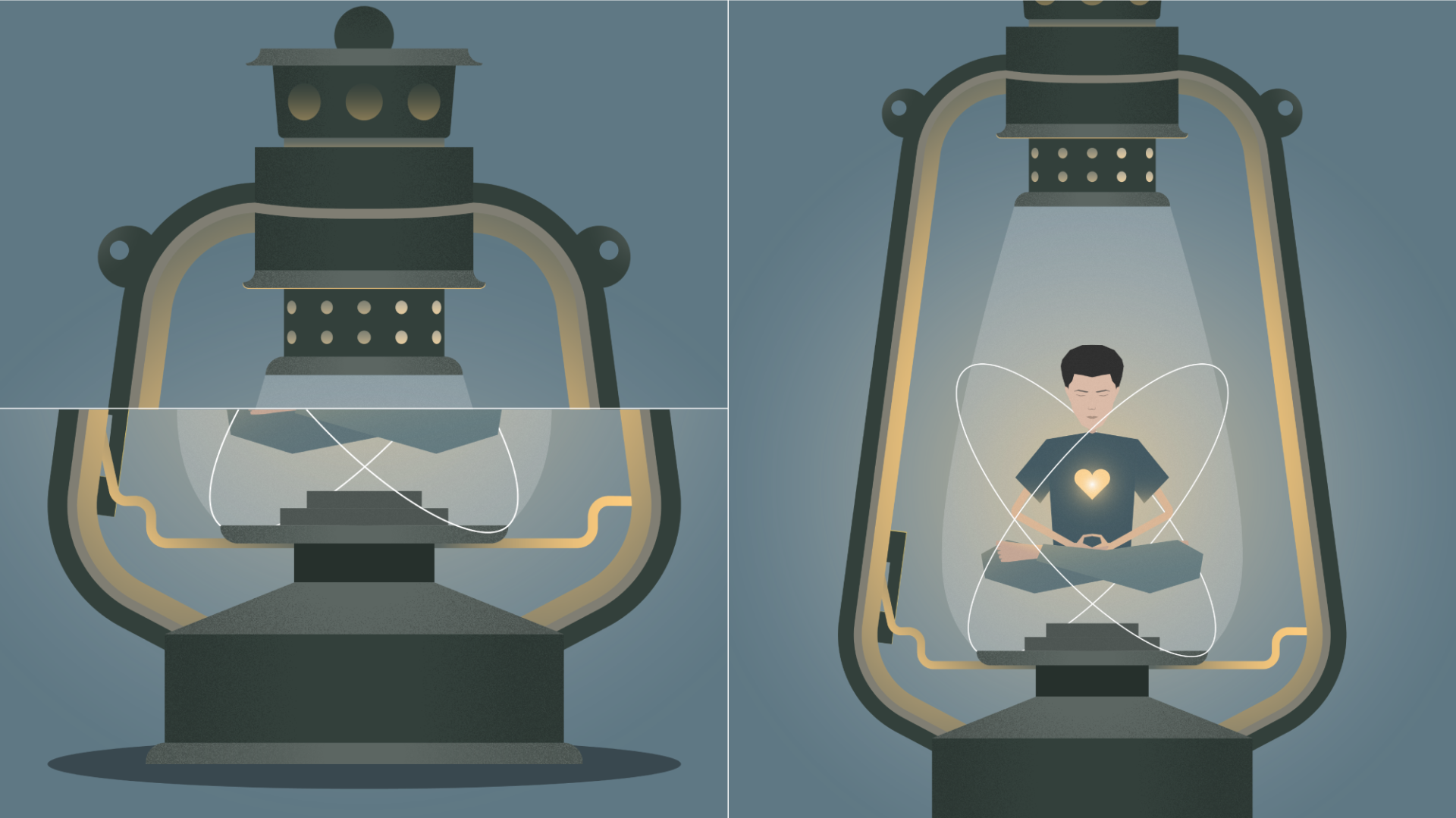 Close-up images depicting yoga and a lantern, symbolizing inner awakening and spiritual enlightenment.