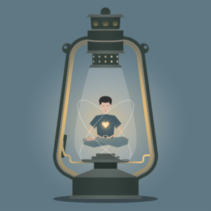 Illustration depicting yoga and a lantern, symbolizing inner awakening and spiritual enlightenment.