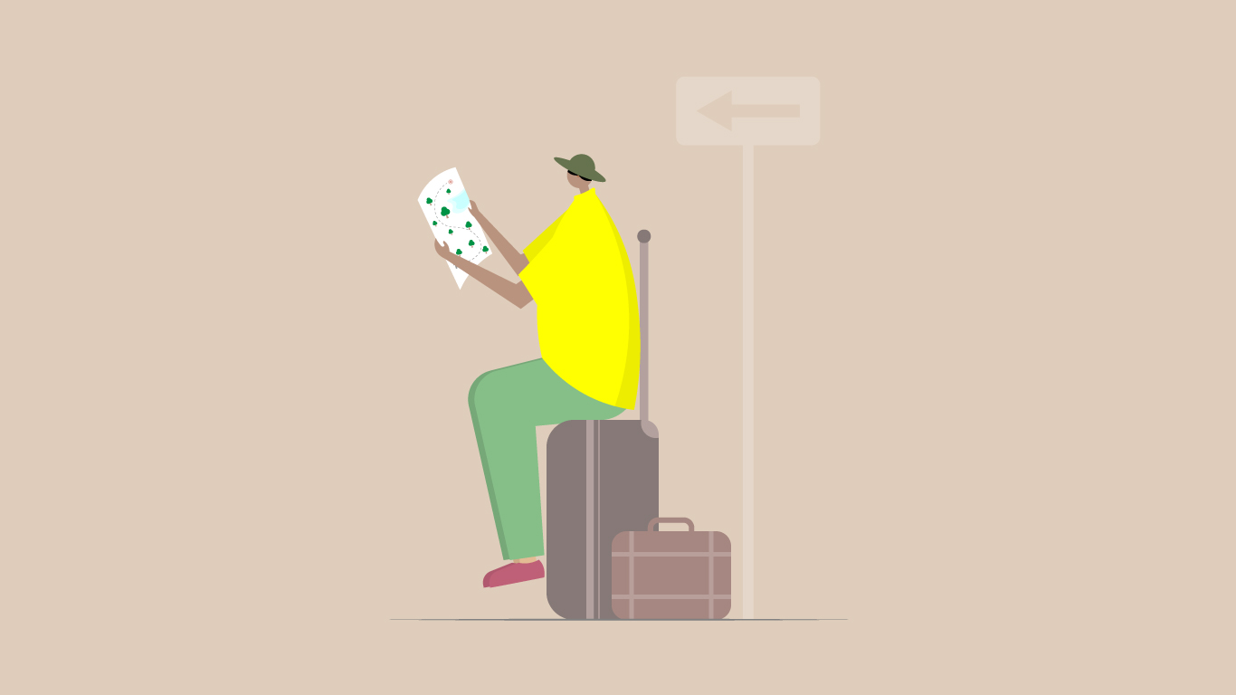 Here in flat illustrations ,a person seated among bags, holding a tour map, planning Christmas travel routes.