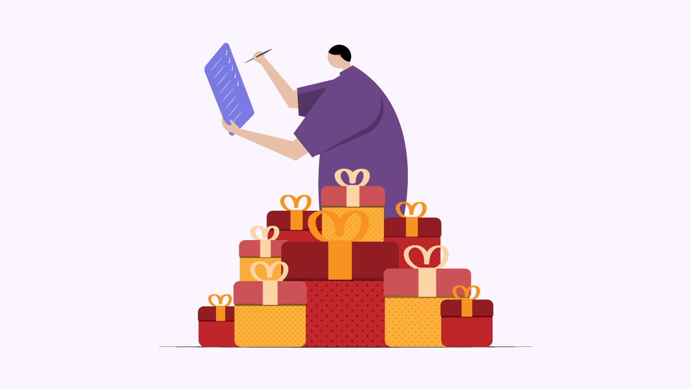 Festive flat illustration of Christmas tree decoration with baubles, lights, and a star topper.