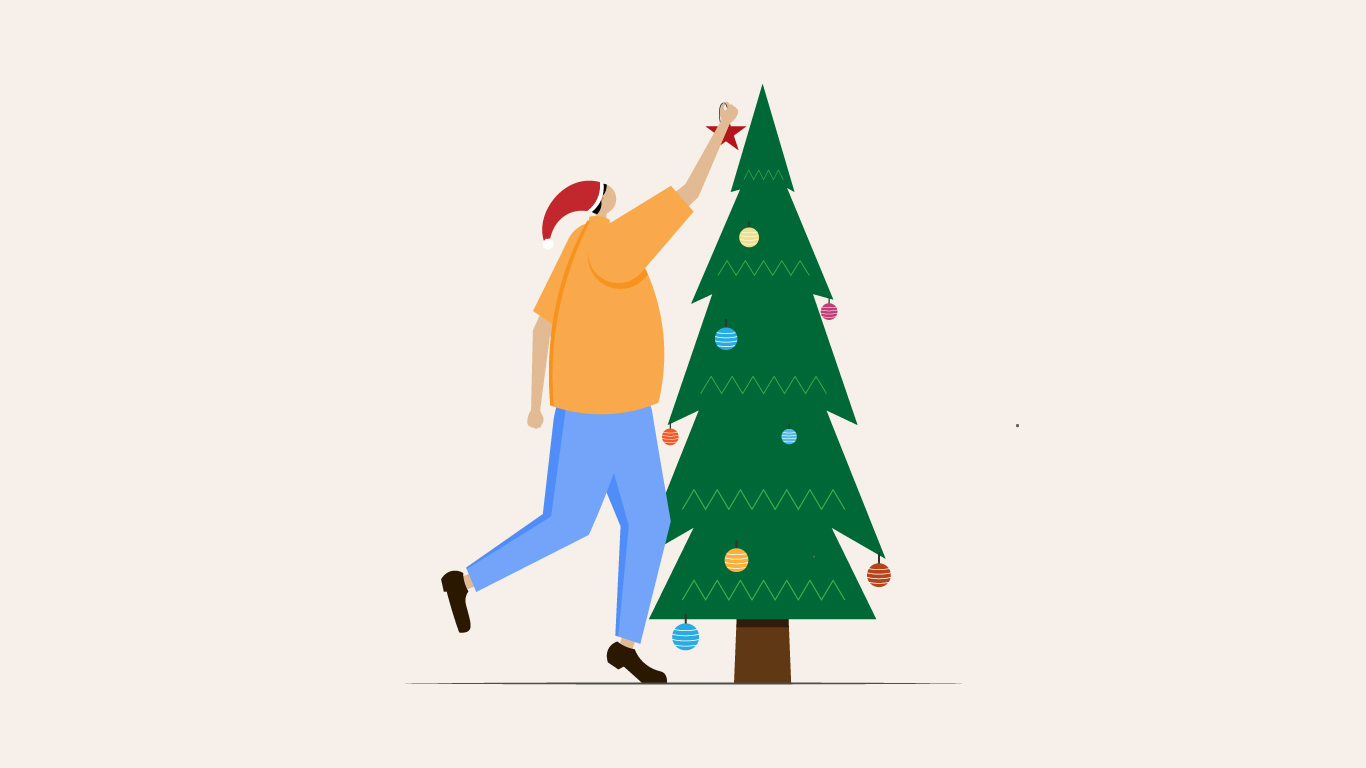 Festive flat illustration of Christmas tree decoration with baubles, lights, and a star topper.