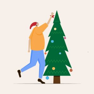 Festive flat illustration of Christmas tree decoration with baubles, lights, and a star topper.