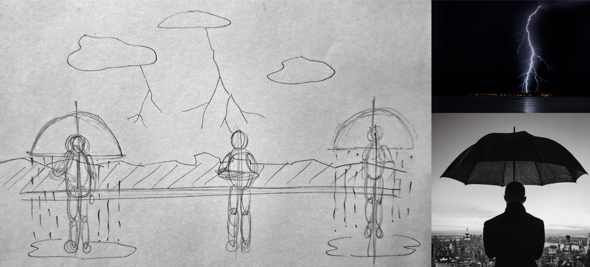 Illustration with a dark background, thunderstorm, and a man untouched by raindrops, symbolizing the shower of love and emotions. Two individuals with umbrellas getting wet on either side.