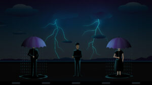 Illustration with a dark background, thunderstorm, and a man untouched by raindrops, symbolizing the shower of love and emotions. Two individuals with umbrellas getting wet on either side.