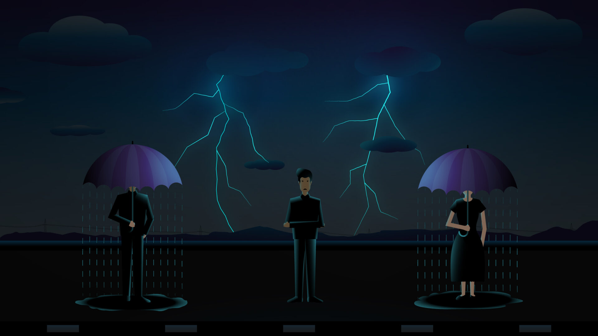 Illustration with a dark background, thunderstorm, and a man untouched by raindrops, symbolizing the shower of love and emotions. Two individuals with umbrellas getting wet on either side.