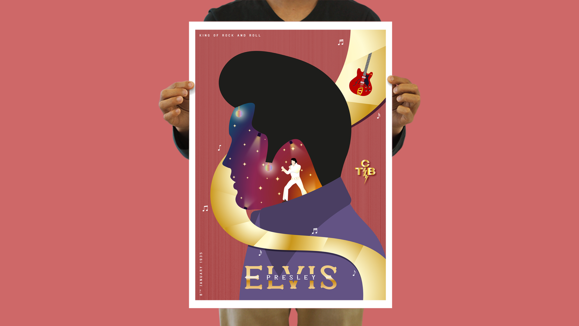 Hand holding a tribute poster of Elvis Presley – A digital illustration capturing the essence of the King's musical legacy.