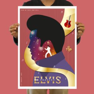 Hand holding a tribute poster of Elvis Presley – A digital illustration capturing the essence of the King's musical legacy.