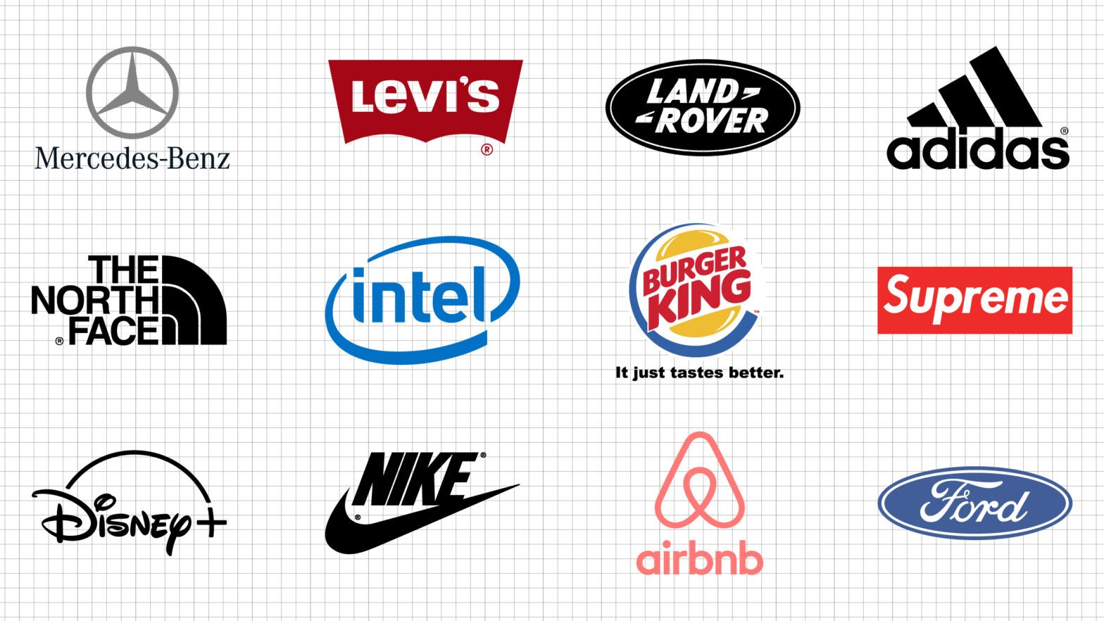 Iconic logos crafted with captivating typography: Nike's swoosh and bold sans-serif, Adidas' playful script and geometric lines, Disney's whimsical script and timeless elegance, and Ford's confident slab serif.