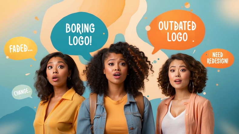 Banner image for blog post "5 Signs Your Logo Needs a Redesign (Stress-Free!)" shows three diverse women looking confused at a logo. Speech bubbles reveal their thoughts: "Too old!", "Redesign needed!", and "Outdated!".