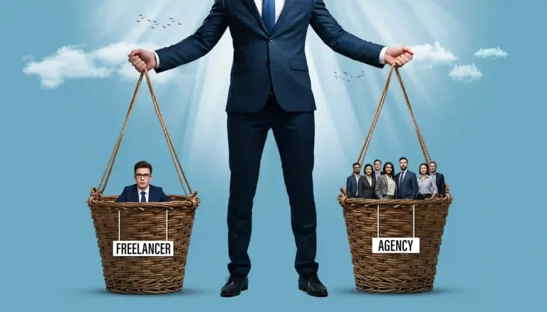 A businessman stands in the middle, holding a balance with two baskets hanging by a rope. One basket contains a single freelance graphic designer, while the other carries an entire agency team, visually emphasizing the cost burden on businesses when choosing between freelancers and agencies. Freelancer vs. Agency: Which One is Right for Your Business?