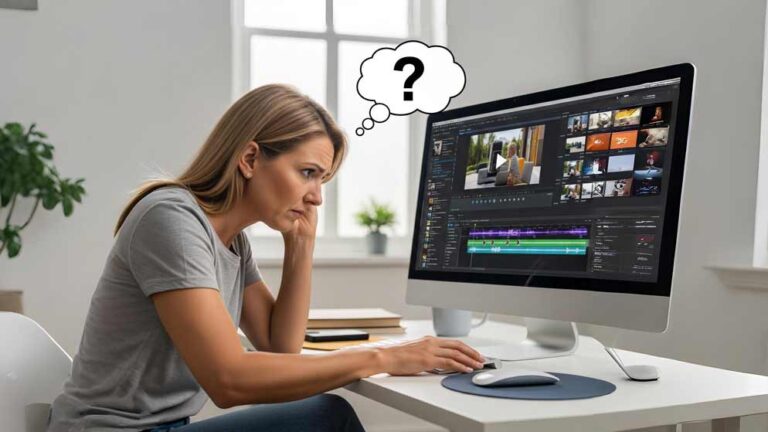 Frustrated business owner struggling with complicated video editing software on a laptop.