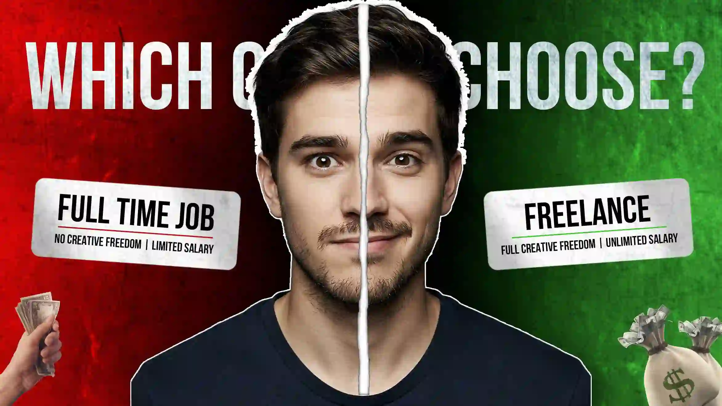 A side-profile of a man with 'Full-Time' written in red on one side with less money and 'Freelancing' in green on the other side with more money, visually comparing the earnings potential of a traditional job vs. freelance graphic design.