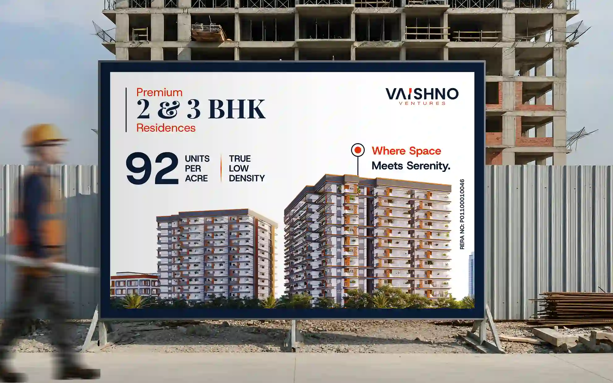 Hoarding design for Vaishno Ventures featuring 2 & 3 BHK residences, 92 units per acre, and low-density living in Hyderabad.