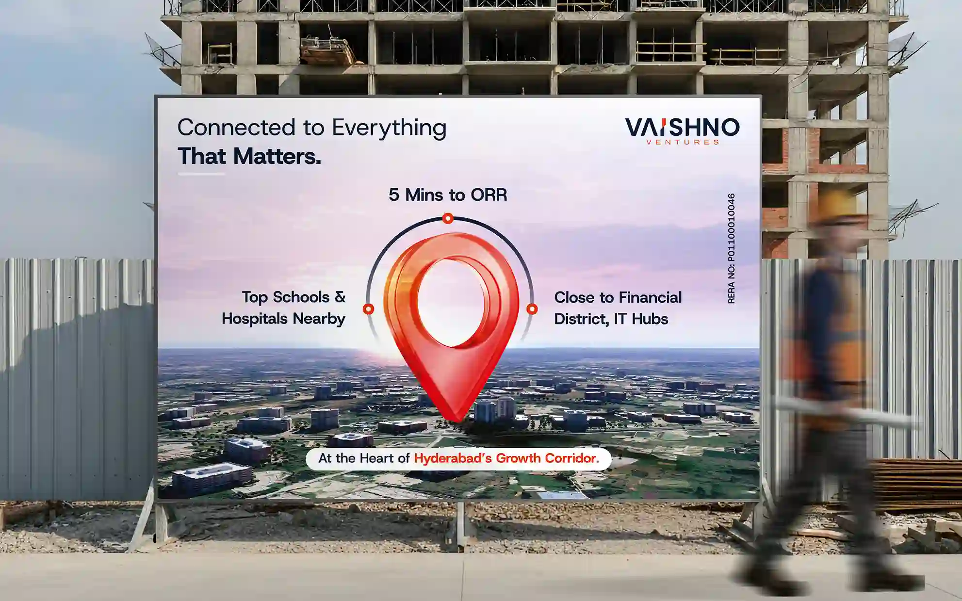 Real estate location hoarding for Vaishno Ventures showing proximity to ORR, Financial District, and IT Hubs in Hyderabad.