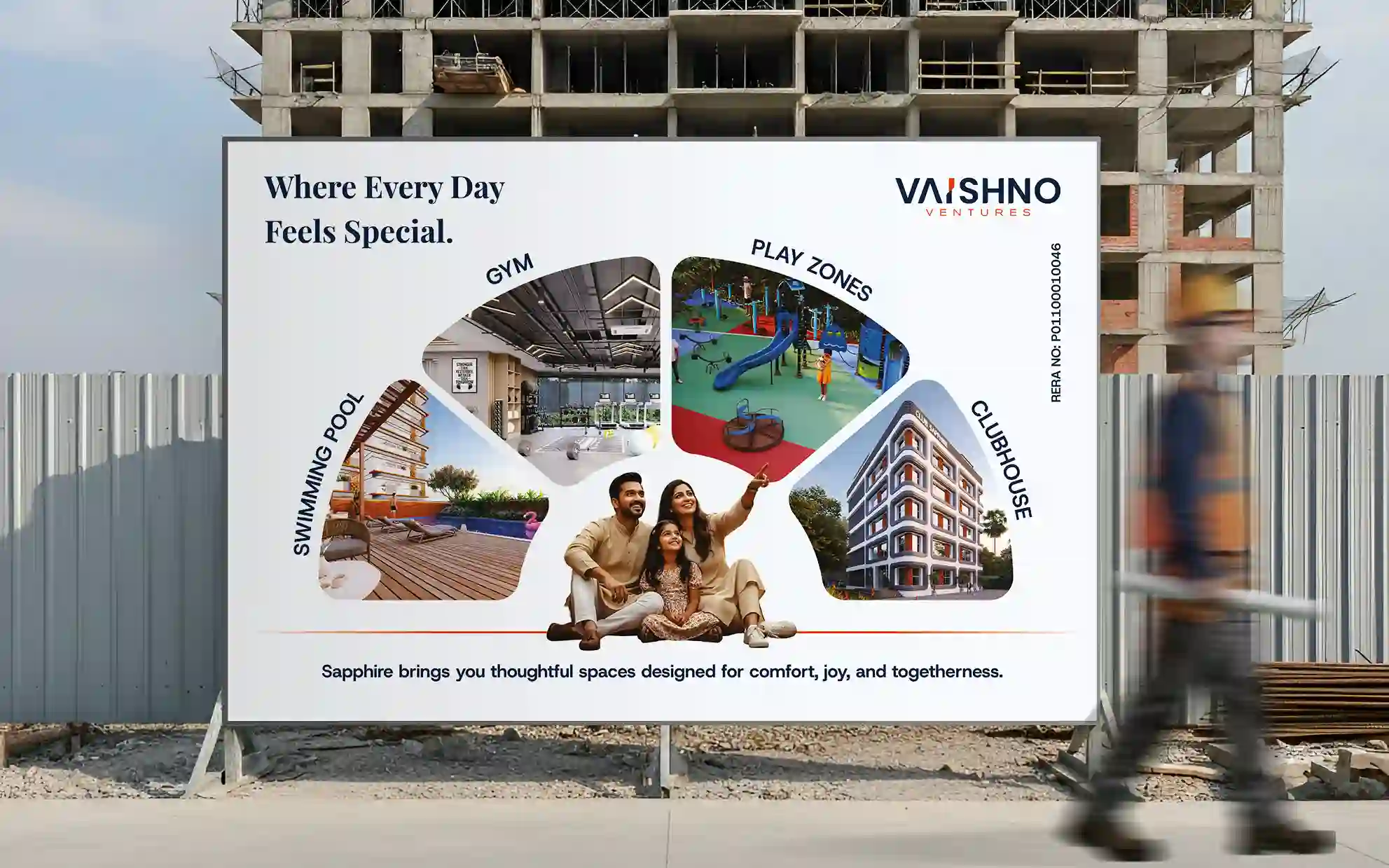 Vaishno Ventures amenities hoarding featuring a swimming pool, gym, play zones, and clubhouse with a happy family visual.