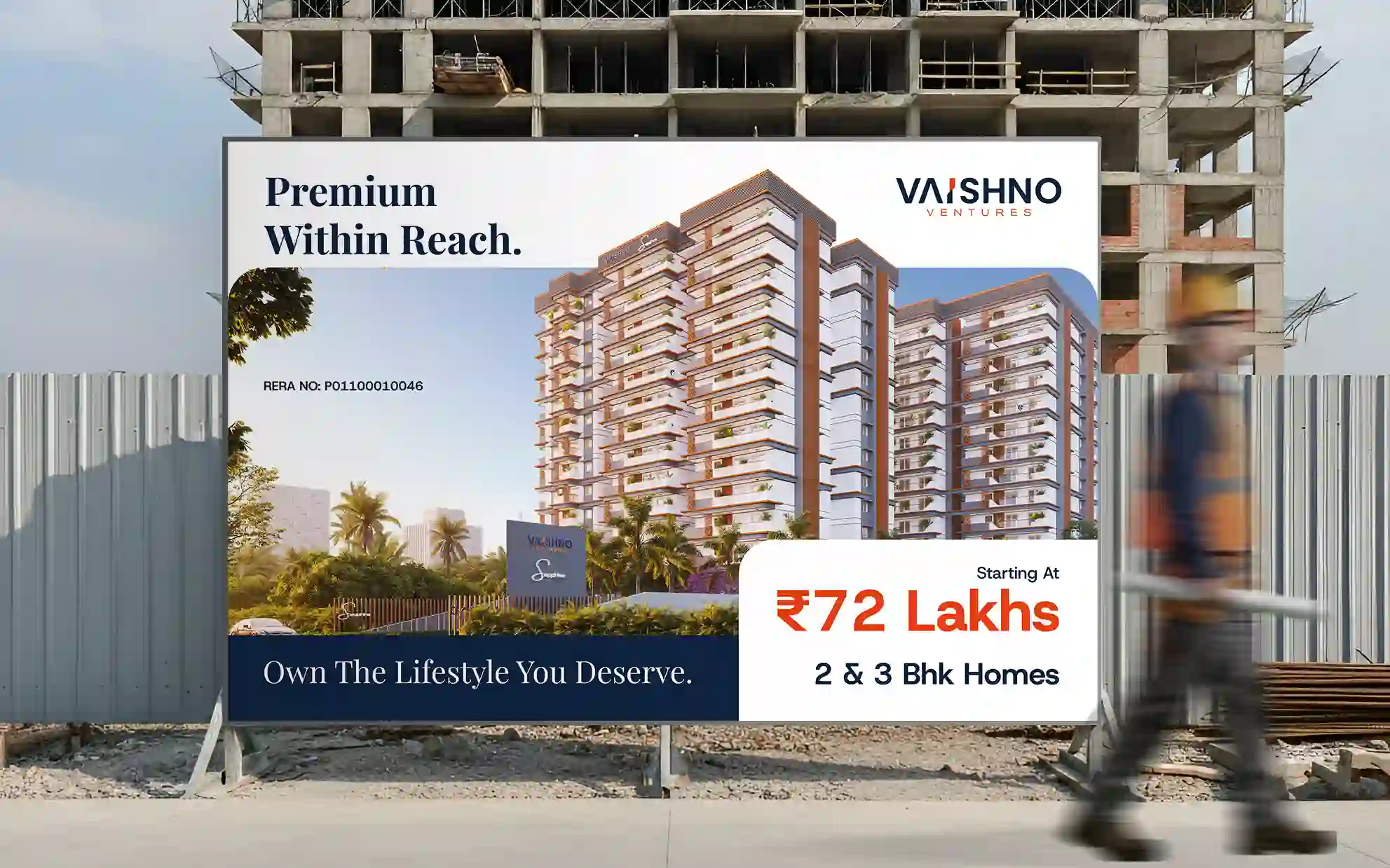 Vaishno Ventures premium 2 & 3 BHK homes starting at ₹72 Lakhs hoarding design for Hyderabad real estate project."