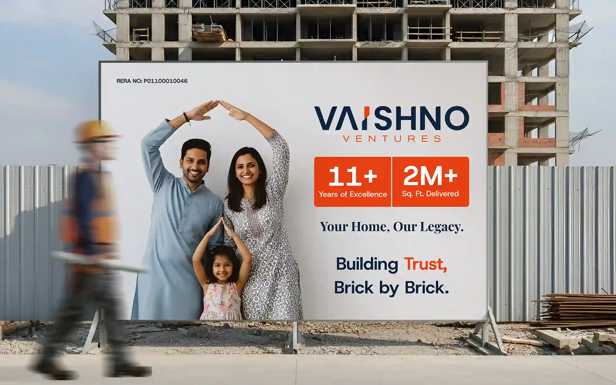 Corporate trust hoarding for Vaishno Ventures highlighting 11+ years of excellence and 2M+ sq. ft. delivered.