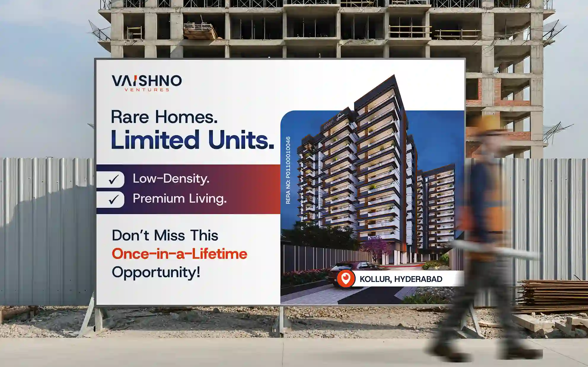 Limited units hoarding for Vaishno Ventures Sapphire project in Kollur featuring a night-view architectural render.