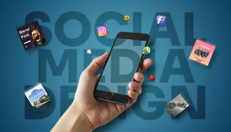 A hand holding a smartphone with social media icons flying out, representing the impact of social media design, with "Social Media Design" written in the background.