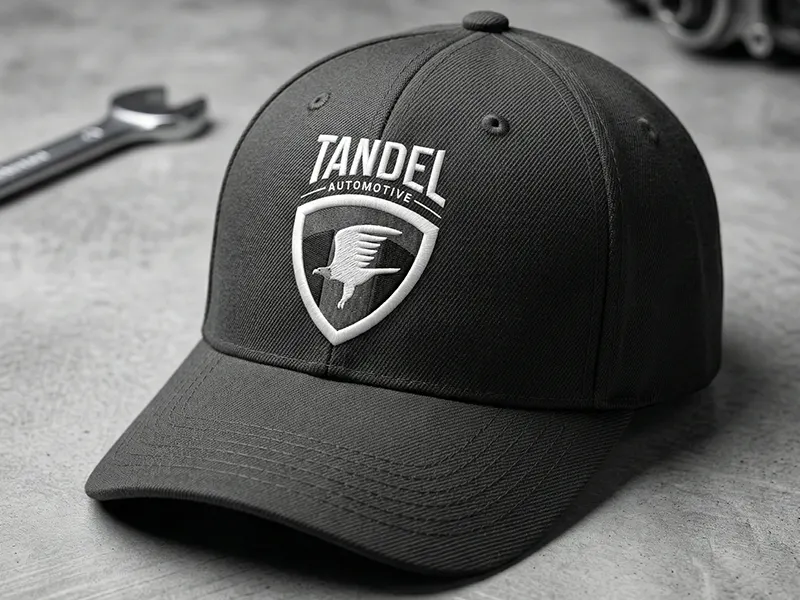 Final automotive branding mockup of mechanic hat for mobile tire service